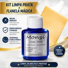 Kit Limpa Prata Joias 925 | 950 Liquido Monzi + Flanela Mágica Brilho Remove Oxidação Pratas