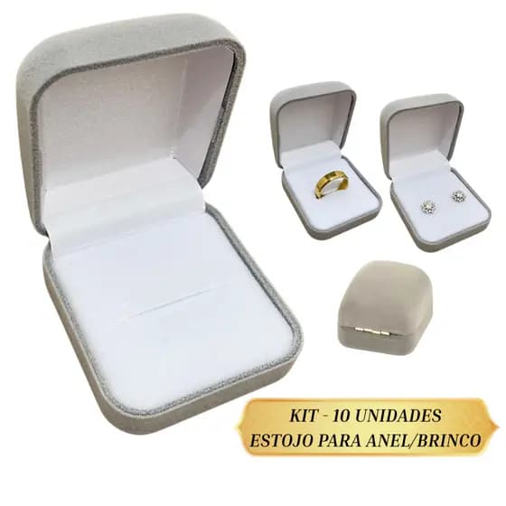 Kit 10 Estojo Caixinha Veludo Cinza Luxo Para Anel e Brinco Porta Joias