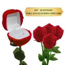 Kit 10 caixinha estojo veludo aliança anel modelo rosa flor com cabo vermelha atacado varejo