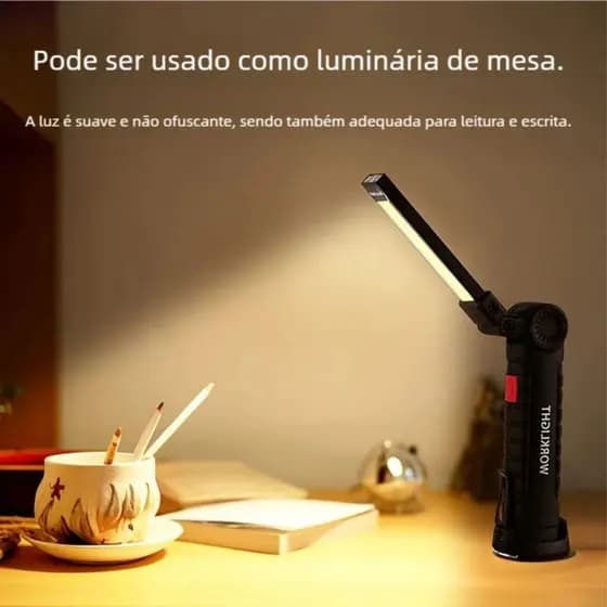 Lanterna Portátil De Trabalho  Base Magnética Recarregável, Rotativa 360° com Gancho SUPER PORMOÇAO