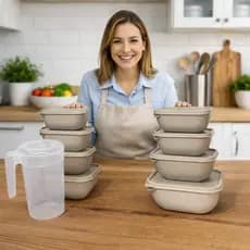 Kit Completo 11 Peças Conjunto Pote Plástico Bege Quadrado 10 peças + Jarra Cristal