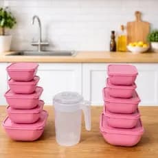 Kit Completo 11 Peças Conjunto Pote Plástico Bege Quadrado 10 peças + Jarra Cristal