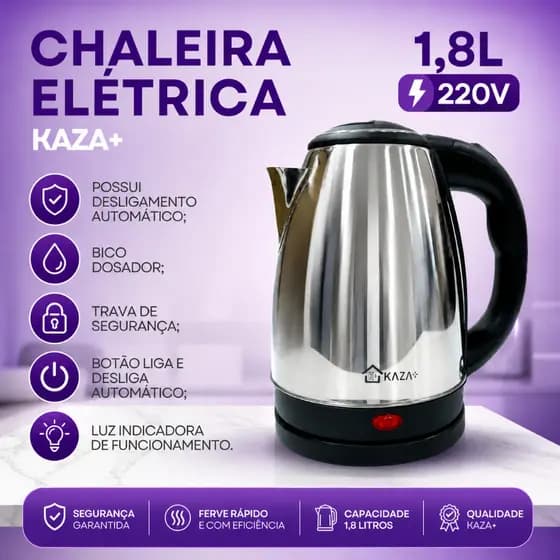 Chaleira Elétrica de Inox 1.8L – Fervura Rápida, Design Moderno e Portátil - 220V
