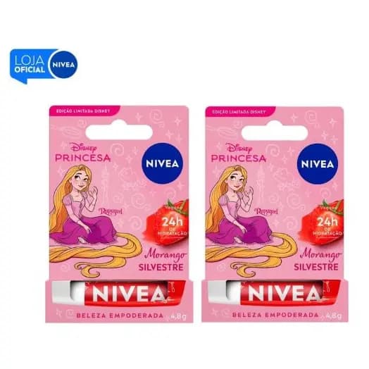 KIT NIVEA Hidratante Labial Morango Silvestre Ed. Limitada Rapunzel Disney® Princesa 4,8g - 2 Un