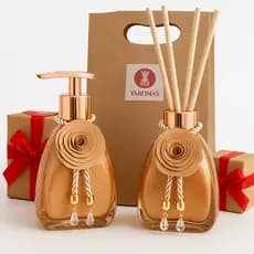 Kit Aromatizador + Saboneteira Luxo Dourado Rosé  Presente Decorativo Frasco Vidro Premium Yaromas