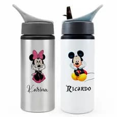 Kit 2 Squeezes Mickey e Minnie 600ml Alumínio "Prata ou Branco", Squeeze Personalizado com Seu Nome