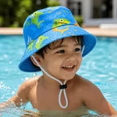 Chapéu Infantil Tubarão Proteção UV Bucket Praia Bebê Com Cordão de Pescoço Leve Confortável