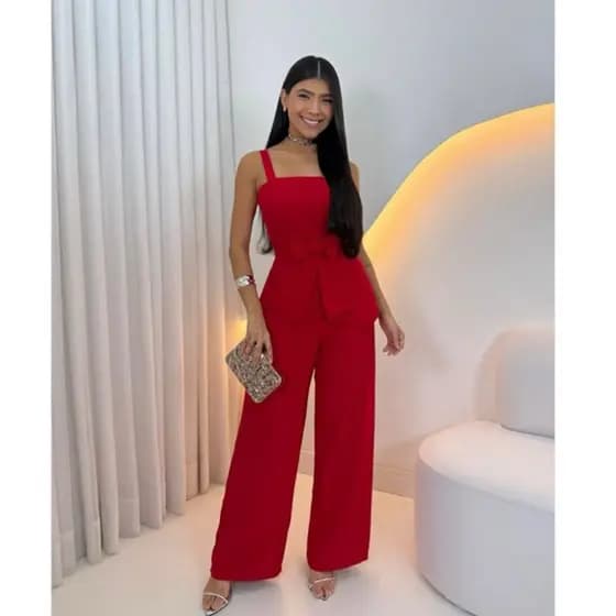 Macacão Vermelho com laço Moderno Social Elegante