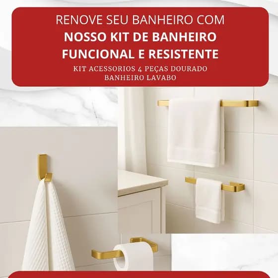 Kit Acessorios 4 Peças Dourado Banheiro Lavabo