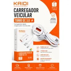 Carregador Veicular Turbo QC 3.0 18W Kaidi + Cabo Tipo-C | Carregamento Rápido