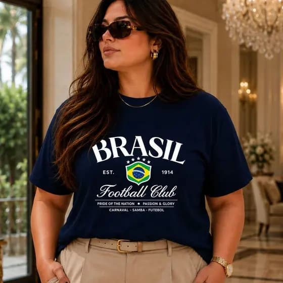 Camiseta Feminina Plus Size Brasil Manga Curta Casual Chic Gola Redonda