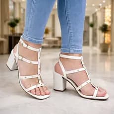 Sandália Feminina Salto Grosso Baixo Bloco Duas Pulseiras Gladiadora Preta  DOURADA E OFF WHITE