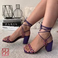 Sandália Feminina Salto Bloco Alta Amarração Oliva  Roxa Off White