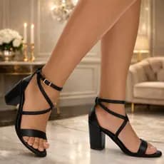 Sandália Feminina Tira Cruzadas Fivela Clássica Amarração Salto Alto Bloco 8Cm Blesshoes Confort