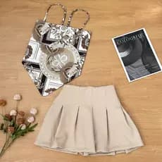 Conjunto de saia-calça feminina elegante com estampa de efeito especial e saia-calça lisa, roupa de duas peças, estilo t