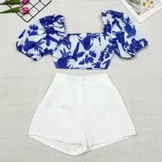 2025Conjunto camisa tamanho unico da pra amarra atras com elastano e com estampa , short com ziper sem bolso