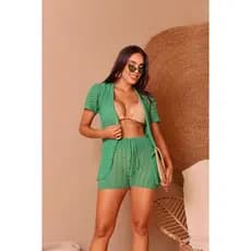 Conjunto Saida De Praia Tricot Short e Blusa Moda Praia Piscina Verão
