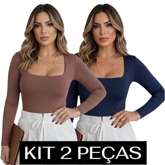 Kit C/2 Blusa Feminina Manga Longa Decote Quadrado Tee Academia Proteção Inverno