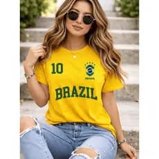 Camiseta Feminina Do Brasil Copa Do Mundo Casual T-shirt Verde e Amarela 100% Algodão