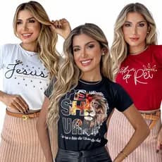 Kit 3 Tshirts blusas Jesus perolas + Leao Yeshua + Filha do Rei feminina evangélica 100% algodão