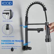 Torneira de Cozinha Gourmet Monocomando com Extensor de Chuveiro Flexível e Tubo Ajustável 360°