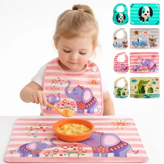 Kit Babador Infantil Bandana Impermeável + Apoio para Prato Com Pega Migalhas Ajustável