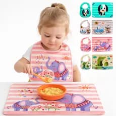 Kit Babador Infantil Bandana Impermeável + Apoio para Prato Com Pega Migalhas Ajustável
