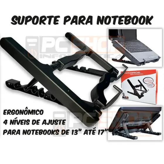 Suporte Base Apoio Para Notebook Regulável Dobrável 4 Níveis De Inclinação Articulado até 45 Graus Preto Para Notebooks Até 17"
