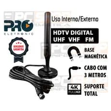 Antena Digital Interna ou Externa HDTV 4K Base Magnética Cabo com 3,0m