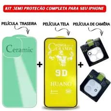 Kit 3em1 Película Traseira + Película Câmera Transparente + Película Cerâmica Fosca iPhone 11 12 13 14 15 16 Pro Max