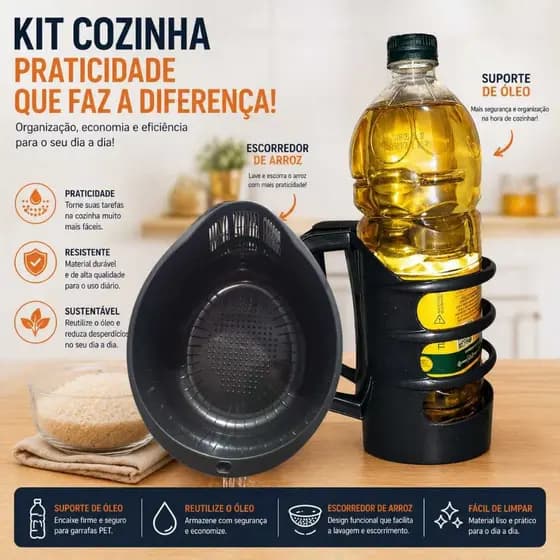 Escorredor de Arroz + Suporte para Óleo de Cozinha 2 em 1 – Prático, Resistente e Multifuncional