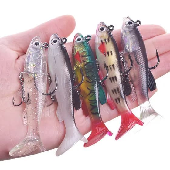 Iscas De Pesca De Plástico Flexível T-Tail Com Cabeça Para Água Salgada/Doce