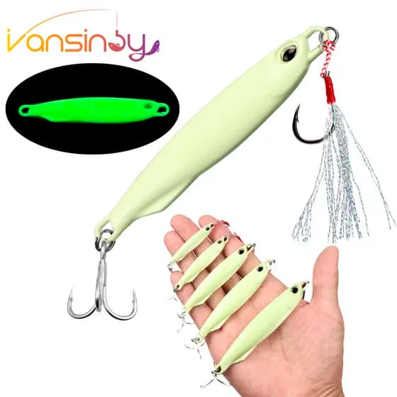 10g/15g/20g/30g/40g/60g Pesca Luminosa Metal Jig Isca De Iscas Colher Dura Com Gancho De Sangue