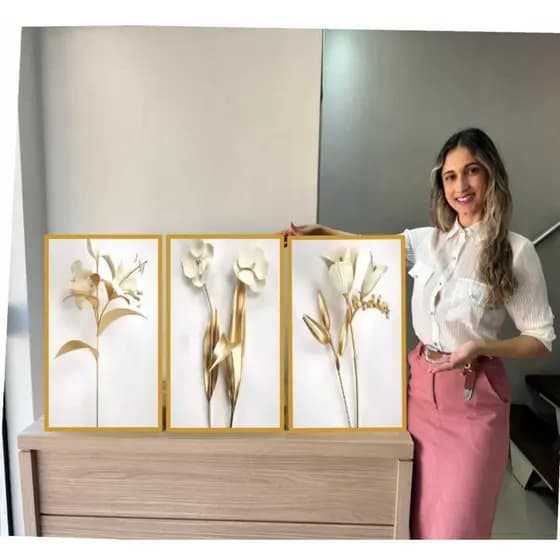 Quadros Decorativos 3 Peças Folha Gold Sala Hall