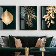 Quadro decorativo 3 peças 120 folhas douradas elegante para sala de estar quarto