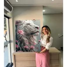 Quadro Decorativo Peça Única Leão Flores Rosas Abstrata Sala