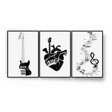 Quadros Decorativos Kit 3 Peças Musical Coração Músico Notas