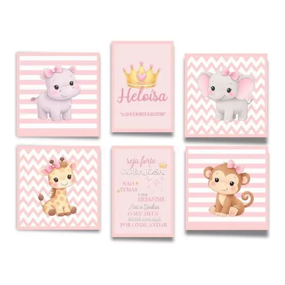 Quadros Decorativos Kit Com 6 Peças Safari Feminino Seja Forte e Corajosa Nome e Significado Personalizados
