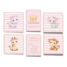 Quadros Decorativos Kit Com 6 Peças Safari Feminino Seja Forte e Corajosa Nome e Significado Personalizados