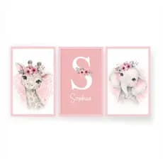 Quadros Decorativos 3 Peças Personalizada Com Nome Safari Feminino Rosa Animais Floresta