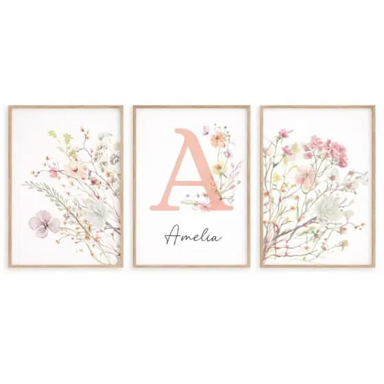 Quadros Decorativos 3 Peças Personalizados Com Nome Florzinhas Minimalista Rosa Menina