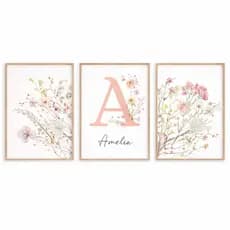 Quadros Decorativos 3 Peças Personalizados Com Nome Florzinhas Minimalista Rosa Menina