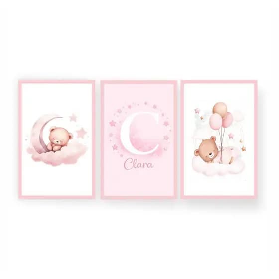 Quadros Decorativos 3 Peças Personalizadas Com Nome Ursinhas Sonolenta Luar