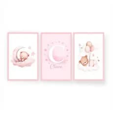 Quadros Decorativos 3 Peças Personalizadas Com Nome Ursinhas Sonolenta Luar