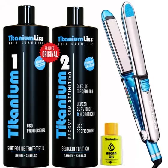 Prancha Chapinha Profissional Titanium 465 F + Escova Definitiva Titanium Liss + Óleo Argan