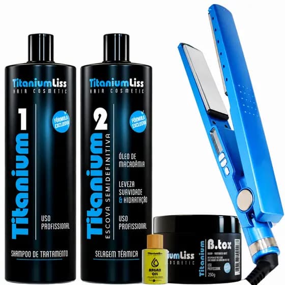Prancha Chapinha Profissional Titanium 480°F + Escova Semi Definitiva Titanium Liss + B.tox Capilar + Óleo Argan | Kit L