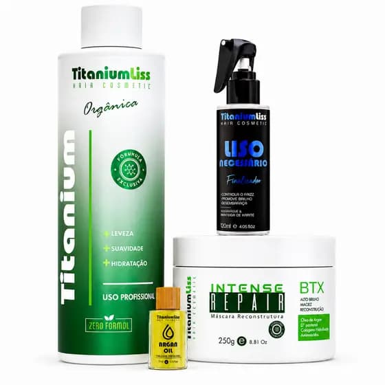 Kit Progressiva Orgânica Titanium Liss 1L + BTX 250g + Liso Necessário + Óleo Argan | Zero Formol, Liso Profissional