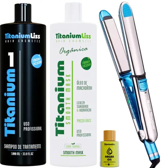 Prancha Chapinha Profissional Titanium 465 F + Kit Progressiva Orgânica Sem Fomol + Óleo Argan