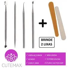 Kit Espátula + Palito + Desencravador + Raspador Unhas Inox Cutemax D