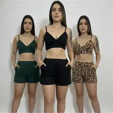 Conjunto Cropped com Bojo + Short Duna Oncinha M G GG Alça Ajustável e Bolsos Laterais